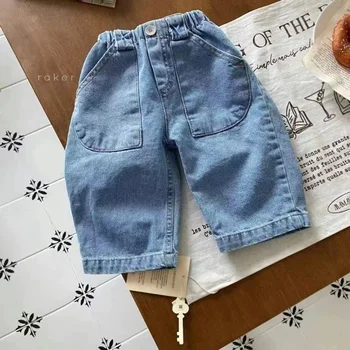 Детские джинсы Весна 2023, Новые корейские детские брюки, весенние брюки для мальчиков с двумя карманами Изображение