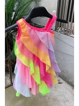 2023 Платье для маленьких девочек с цветными блоками и рюшами, детские многоуровневые платья Kawaii Fashion Y2K, детская одежда, новинка в платье для девочек Изображение