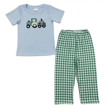 Бутик Одежды для детей и мальчиков, летние повседневные топы с вышивкой и клетчатые штаны, 2 предмета для малышей от 1 до 12 лет, тканевые костюмы Изображение
