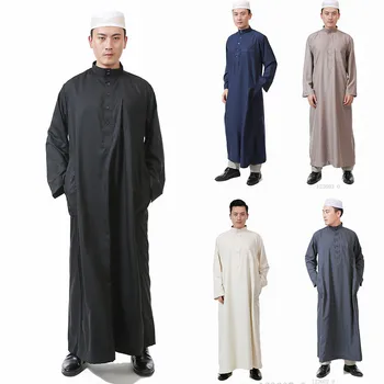 Мужская одежда в Рамадан, мусульманское модное платье, кафтан, Абая, мужская Однотонная Свободная повседневная молитвенная одежда с длинным рукавом, мусульманские халаты Изображение