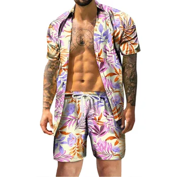 Повседневная рубашка с аниме, Модная летняя рубашка с коротким рукавом в стиле ретро для мужчин 2023, Гавайский тропический пляж, шорты на пуговицах, комплект camisa Изображение