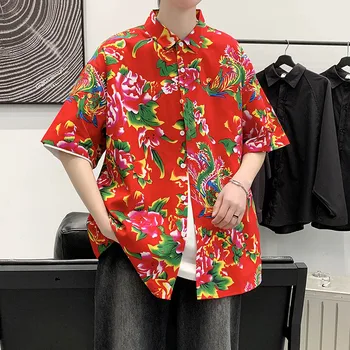 Летняя новая мужская свободная рубашка с длинным рукавом и уникальным цветочным принтом 4XL 5XL Изображение
