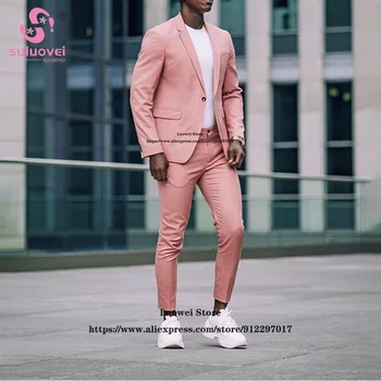 Модные розовые вечерние приталенные костюмы для мужчин, комплект из 2 пиджаков и брюк, формальный свадебный смокинг для жениха в африканском стиле, костюм Homme Mariage Изображение