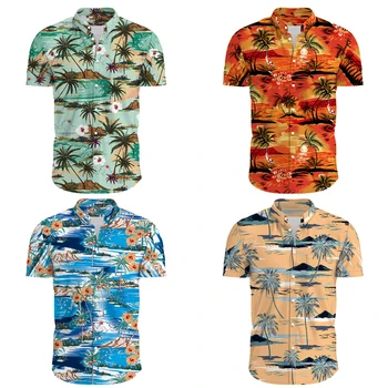 Летние мужские рубашки с коротким рукавом, Гавайская рубашка, Оранжевые блузки, Повседневная пляжная одежда Aloha с принтом тропических растений, Ropa Hombre Изображение