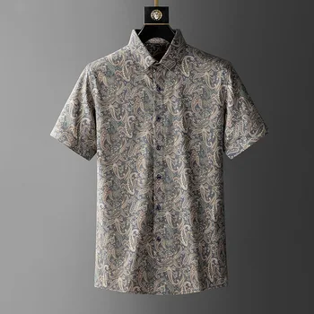 Легкая роскошная дизайнерская рубашка с коротким рукавом в стиле ретро с принтом, мужской роскошный топ 2023, Новая летняя шелковая гладкая дышащая рубашка Изображение