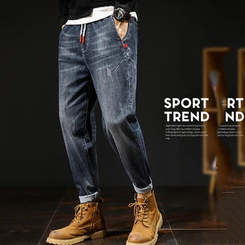 Свободные плюс удобрения для увеличения размера, модные джинсы для маленьких ног, новые стрейчевые шаровары большого размера, джинсы для мужчин, осень и зима Изображение