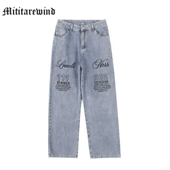Хип-хоп Летние мужские брюки с вышивкой американскими буквами, рваные джинсы в стиле Хай-Стрит, Винтажные Ретро Джинсы, повседневные Прямые Широкие брюки Изображение