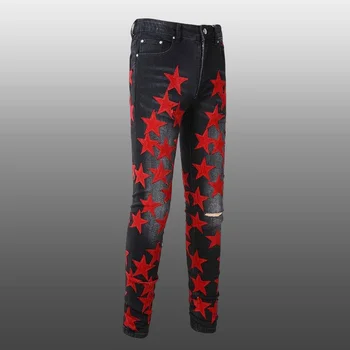 Нашивка с рисунком уличной звезды 2023, красные мотоциклетные брюки Pantalon Homme, модные мужские длинные брюки из денима в стиле панк, джинсы в стиле хип-хоп Изображение