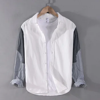 Мужская весенняя рубашка 2023 года, сшитая в тон, Универсальная Повседневная Свободная хлопчатобумажная рубашка с длинным рукавом Изображение