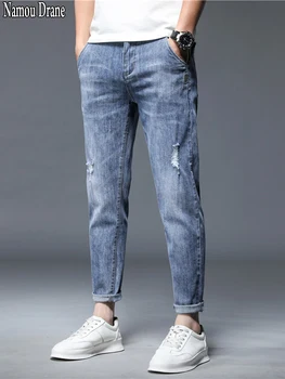 Высококачественные брендовые летние джинсы из эластичного хлопка с отверстиями, мужские джинсы длиной до щиколоток, Тонкие джинсовые брюки уличного дизайна, Корейские повседневные брюки Изображение