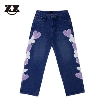 Винтажные прямые брюки-карго с вышивкой в виде кармана в виде сердца, мужские джинсовые брюки Оверсайз 2021, уличная одежда Harajuku, джинсовые брюки Унисекс Изображение