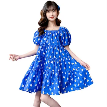 2023, Корейские летние повседневные платья с цветочным принтом для молодых девушек, Новое поступление, милый костюм принцессы, детская одежда от 5 до 14 лет Изображение