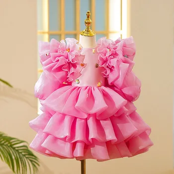 Новое поступление, летний бутик для детей, праздничное платье-пачка с бантом для маленьких девочек, многослойные платья принцесс Изображение