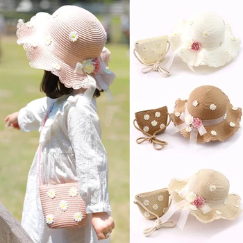 2021 Летняя соломенная шляпа для девочек, комплект сумок, солнцезащитная кепка, уличные детские дышащие пляжные шляпы, хризантема, Милая принцесса, Приморская панама Изображение