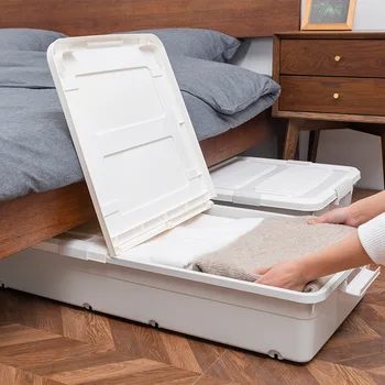 Пластиковый ящик для хранения под кроватью с крышкой Ящик для хранения под кроватью Шкив Одеяло Одежда Игрушки Органайзер для хранения Аксессуары для спальни Изображение