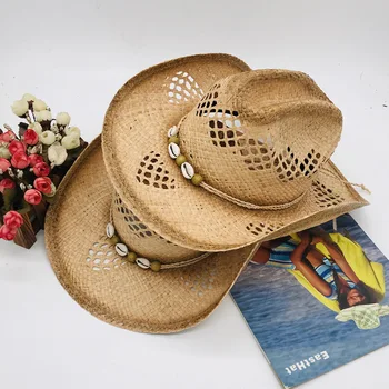 Ковбойская соломенная шляпа с закатанными краями и нарисованным черепом аксессуары для мужчин и женщин для путешествий на открытом воздухе, пляжная шляпа, Ковбойская шляпа Изображение