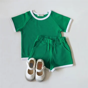 Детская летняя одежда, футболки с короткими рукавами для маленьких мальчиков + шорты в рубчик, 2 шт., комплект одежды для маленьких девочек Изображение