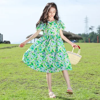Летнее платье для девочек с зеленым цветком, короткий рукав, высокая талия, милые модные простые платья принцесс, детская одежда для 6-14 лет Изображение