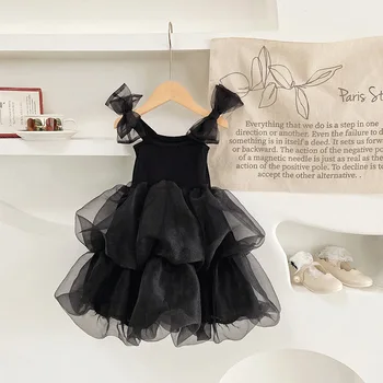 2023 черное платье, платье для девочек, галстук-бабочка, платье принцессы на подтяжках, пушистое газовое платье, детское платье-юбка для 3, 4, 5, 6, 7, 8 лет Изображение