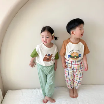 Детская футболка, Корейская летняя новая простая модная футболка с мультяшным принтом для девочек, детские топы от 1 до 7 лет, нижняя рубашка Изображение