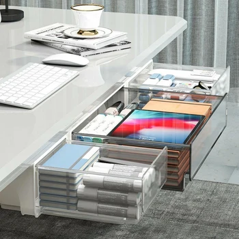 Многофункциональный рабочий стол с выдвижным ящиком, ящик для хранения под столом, Скрытый офисный органайзер, ящики для хранения канцелярских принадлежностей, инструменты для хранения Изображение