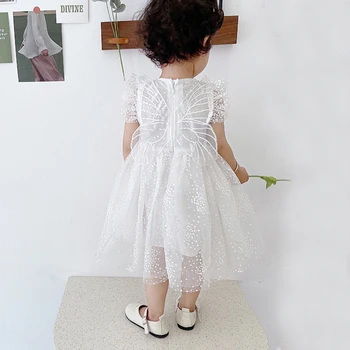 Детское платье-пачка для маленьких девочек, Летние платья принцессы с крыльями бабочки из тюля, Костюм Свадебное Белое Кружевное платье 1-6 лет Изображение