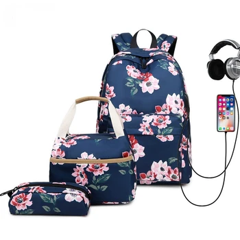 Новый рюкзак USB для девочек-подростков, Женский нейлоновый рюкзак с цветочным принтом, школьный рюкзак в корейском стиле колледжа, Изоляционный мешок, рюкзак из 3 комплектов Изображение