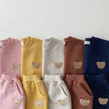Корейская версия спортивной толстовки с капюшоном для новорожденных из хлопка с медведем, повседневный комплект из двух предметов с героями мультфильмов, детская одежда Изображение